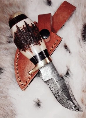 Дамасская сталь олень рога ручки нож охоты кожи нож и ножны  - Изображение 1 из 4