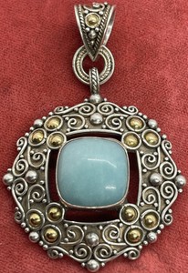 18k Yellow Gold & Sterling Silver 925 Pendant  Blue Stone Suarti Bali