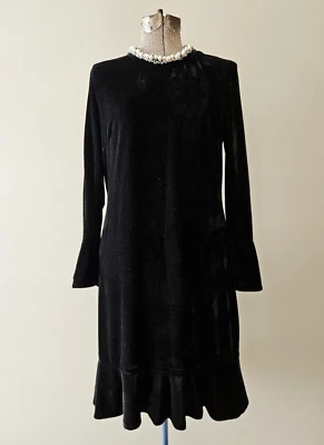 Vestido Betsey Johnson Negro Terciopelo Perla Cuello Ajuste y Estilo Elegante Preppy Talla 8 Foto 1 de 4