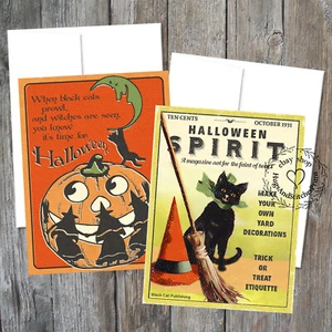 2 Retro Witch Pumpkin Black Cat Halloween Blank Gift Note Greeting Cards #C1 - Picture 1 of 3