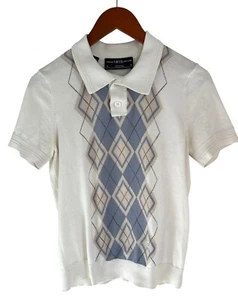Pringle 1815 Scotland Polo Shirt Argyle Knit Cream Blue Size Small - Picture 1 of 10
