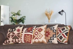 Indian Handwoven 5 Set of 45 cm Wool Jute Pillow Cover, Decorative Sofa Cushions - Picture 1 of 8