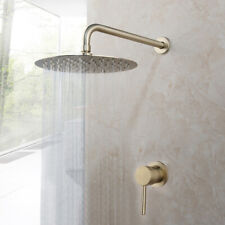 Bathroom Round Brushed Gold Brass 10" Shower Faucet Set Wall Mounted Mixer Taps
