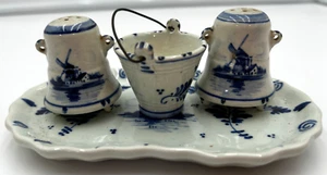 Delft Condiment Tray Salt Pepper Shaker Milk Bucket Set Hand Painted Holland - Picture 1 of 7