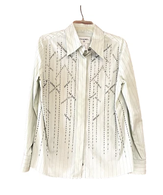 Светло-зеленая женская рубашка CHANEL на пуговицах спереди с бисером Bugle размер 44  - Изображение 1 из 4