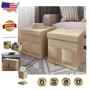 Stylish Set of 2 Folding Beige Ottomans with Storage Pockets - 15-Inch Cube - Picture 1 of 8