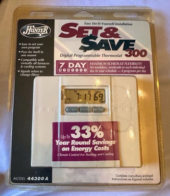 HUNTER Set & Save 300 7-Day Digital Programmable Thermostat White 44300A NIP New - Image 1 of 4