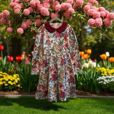 Vintage Rare Editions Floral Long Sleeve Dress Size 14 Velvet Collar Prairie - Image 1 of 4