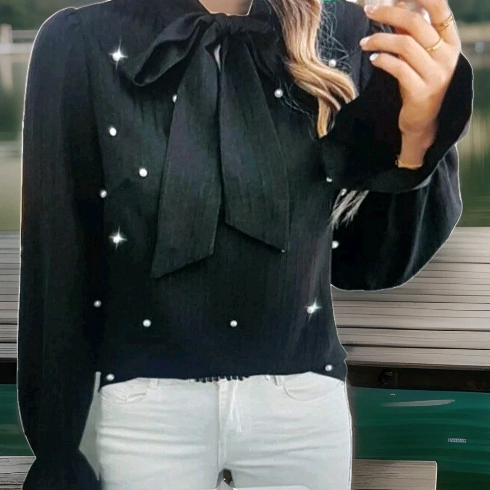 Damen Langarmbluse  Perle Schleleife  Elegant V Ausschnitt Schwarz Glockenarmeln - Bild 1 von 4