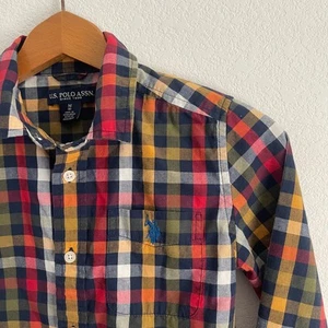 US Polo Assn Shirt Madras Plaid Button Down Boys Medium (8) Long Sleeves - Picture 1 of 6