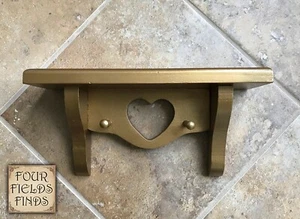 Vintage Hand Crafted Gold Painted Wood Wall Shelf Heart Cut Out Farmhouse 2 Pegs - Picture 1 of 17