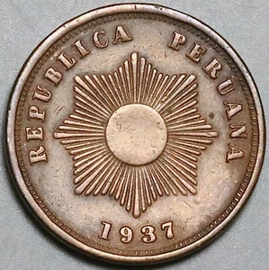 Moneda Sol Radiante Perú Dos 2 Centavos AU 1937 (24110305R) - Imagen 1 de 2