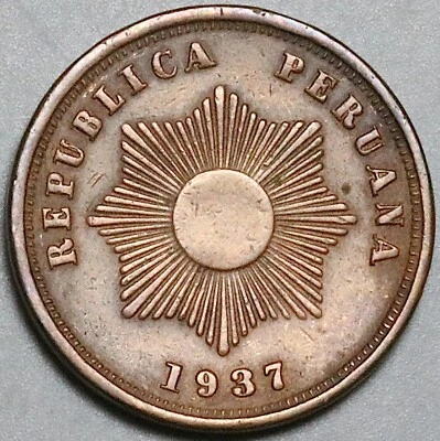 1937 Peru Dos 2 Centavos AU Radiant Sun Coin (24110305R) - Image 1 of 2