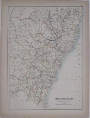 Original 1890 Antique Color Map NEW SOUTH WALES Sydney Newcastle Oxley Australia - Image 1 of 4