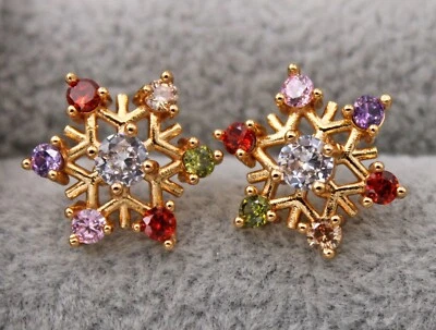 Pretty New 18K Yellow Gold Filled Multicolor Round CZ Snowflake Stud Earrings - Image 1 of 4