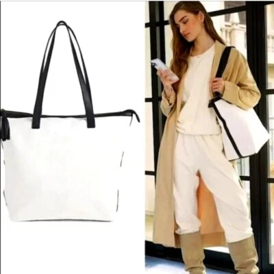 Purse Tote White Canvas Laptop Overnight Travel Shoulder Bag - Image 1 of 4