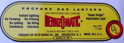 BERNZOMATIC ONE (1) NEW BERNZ-O-MATIC MODEL TX-700 PROPANE GAS LANTERN REPLACEMENT DECAL UL