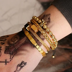 4Pcs/Set Luxury Golden Stainless Steel Bracelet Roman Numeral Crown Men Jewelry - Picture 1 of 65