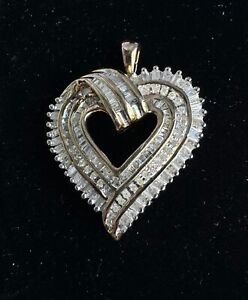 Large Diamond Heart Pendant in Sterling Silver - Channel-Set Baguettes & Rounds