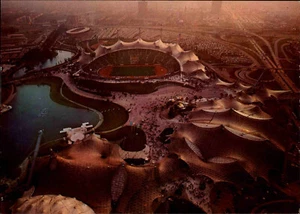 MÜNCHEN ~1972 Luftaufnahme Olympia-Stadion Olmpic Park Postkarte ungebraucht - Picture 1 of 2