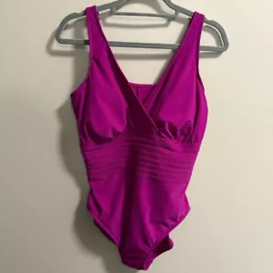 NWT Aqua Green Ruched Purple Magenta One Piece Swimsuit V-Neck Slimming XL - Picture 1 of 6