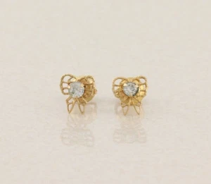 10k Yellow Gold Cubic Zirconia Bow Earrings Stud Post Screw Back Adult or Child - Picture 1 of 5