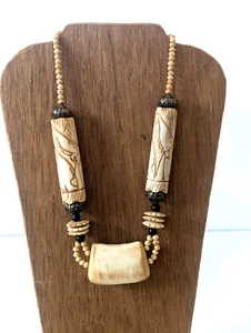 Vintage Hand Carved Bovine Bone & Beads Ethnic Tribal Necklace w/Fluted Metal - Picture 1 of 13