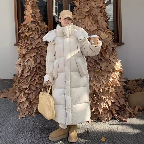 OFF WHITE Piumino donna invernale con cappuccio cappotto super lungo sopra il ginocchio soprabito caldo cerniera