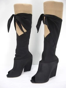 CHRISTIAN DIOR BROOKLYN BLACK FABRIC SATIN WRAP PEEP TOE MID BOOTS WOMEN'S 37 - Picture 1 of 12