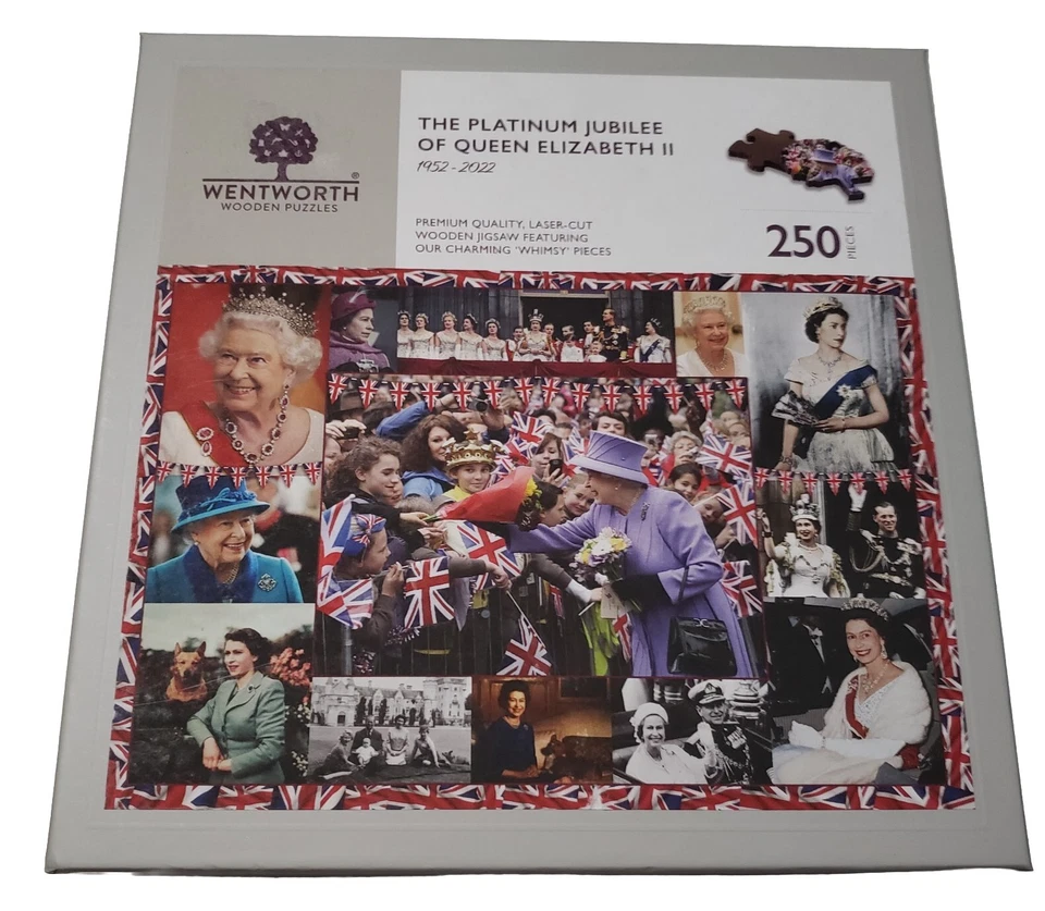Quebra-cabeça de madeira raro HTF Wentworth 250 peças platina jubileu rainha Elizabeth II MUITO BOM ESTADO - Imagem 1 de 4