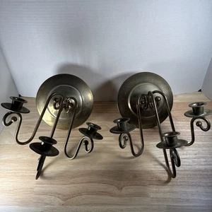 PAIR Vintage Brass Gold Tone Wall Candle Holder Sconce 3 Arm Candle Holder USA - Picture 1 of 11