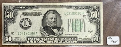 1934A-L $50 Federal Reserve San Francisco Gold Note Nice VF - Image 1 of 2