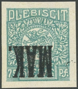 SCHLESWIG 1920, 75 Pf. dkl`blaugrün, ungez. Probedruck mit kopfstehen - Picture 1 of 1
