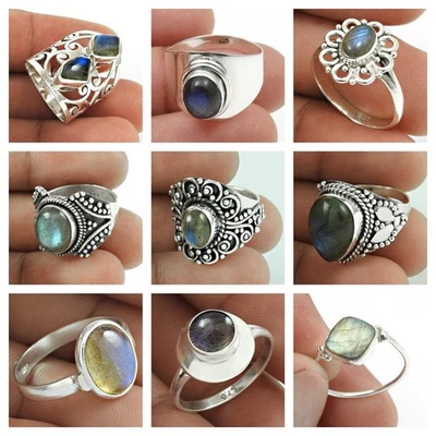 Naturale Pietra Labradorite 925 Argento Sterling Regalo di Natale Anelli Misura - Immagine 1 di 4