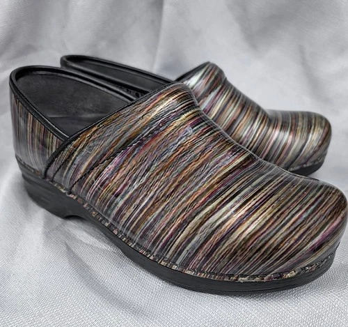Dansko Womens Sz 41 (US 10.5-11) Pro XP Clog Grey Striped Patent Leather Comfort - Image 1 of 4