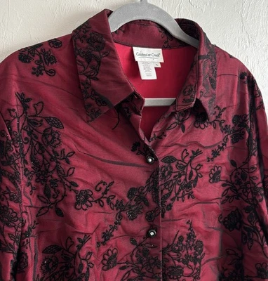 Coldwater Creek Red Black Mesh Sparkle Lace Overlay Shirt Blouse Whimsigoth XL - Image 1 of 4