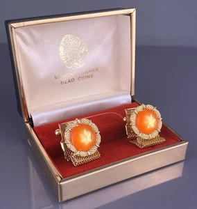 Orange Star Cabochon Wreath Wrap Around Cufflinks Gold Tone Round NOS Vintage - Picture 1 of 8
