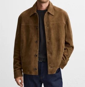 Men Brown Pure Suede Leather Jacket Slim Fit Trucker Jacket Custom Size S M L XL - Picture 1 of 3