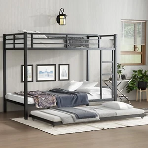 Heavy Duty Metal Twin XL over Twin XL Metal Bunk Bed w/ Twin Size Trundle Black - Picture 1 of 17