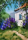 Lilac Painting Rural Landscape Watercolor Original Wall Art Trees Artwork 12x8