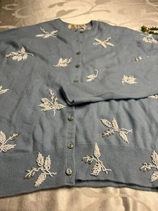 Pringle Of Scotland 100% PURE CASHMERE Cardigan Women's Blue Embellished READ!! - Picture 1 of 13