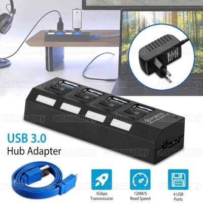USB 3.0 Hub 4 Port Splitter Adapter Verteiler mit Netzteil Schalter PC Laptop DE - Bild 1 von 4