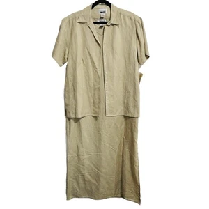 Vintage Leslie Fay 2pc Linen Maxi Dress Sz Large Khaki Tan Shirt Jacket - Picture 1 of 7