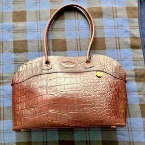 Vintage MULBERRY Croco-embossed Leather Handbag Tote Brown Made in England - Picture 1 of 11