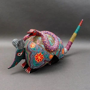 Oaxacan Wood Carved Painted Armadillo Snake Alebrije Mexican Art Sculpture 21.5" - Picture 1 of 7