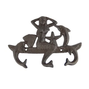 Mermaid Dolphins Hook Towel Rack Coat Hanger Cast Iron Starfish Nautical Decor - Picture 1 of 2