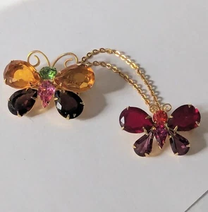 PIN BROCHE DOBLE MARIPOSA DIAMANTES DE IMITACIÓN DORADO JOAN RIVERS VINTAGE CON CADENA - Imagen 1 de 8