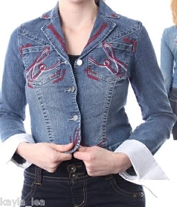 Blue w/ Red Decorative Stitching Stretch Denim Jean Jacket S/M/L/XL NWT - Picture 1 of 2