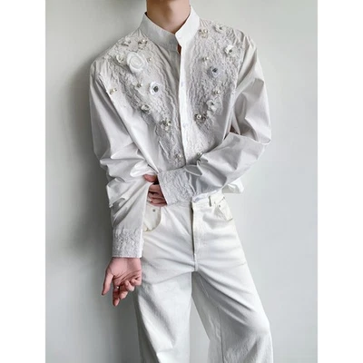 Luxury Lace Shirt Mens French Retro White Shirt Stand Collar Flower Party Shirts - Image 1 of 4