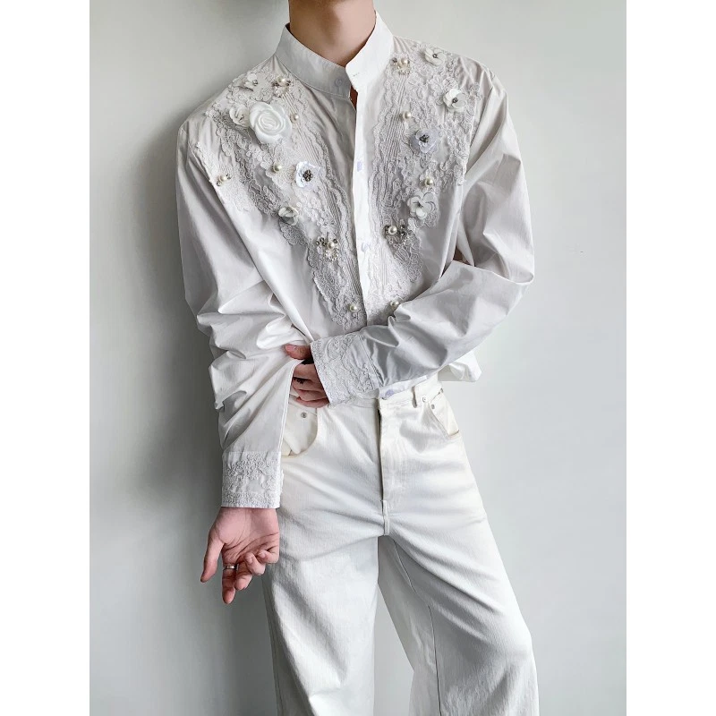 Luxury Lace Shirt Mens French Retro White Shirt Stand Collar Flower Party Shirts - Image 1 of 4